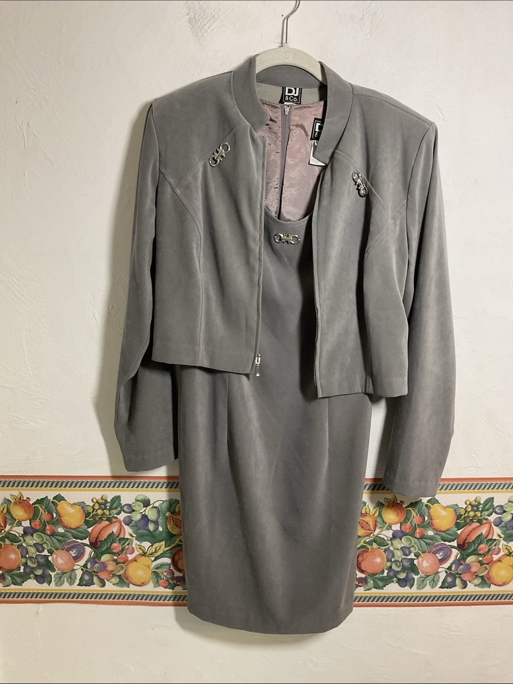 DJ & Co VTG 90s Faux Suede 2pc Dress Jacket Set Gray Horsebit Hardware Sz 10